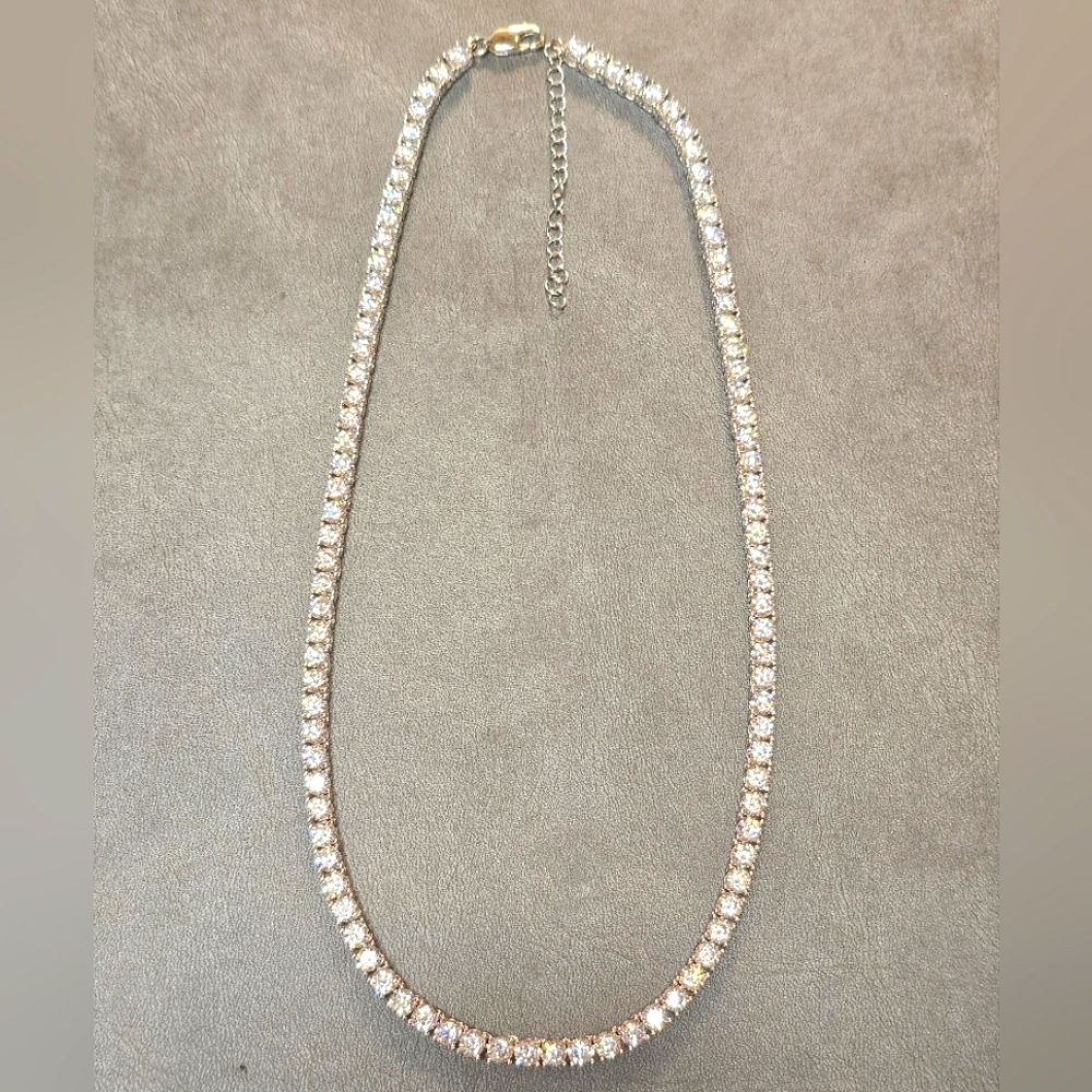 Cubic zirconia set in 925 sterling silver tennis necklace, 18" length